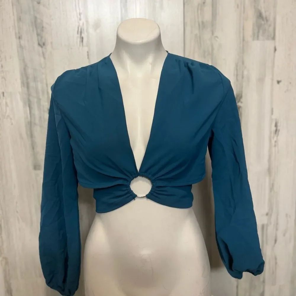 SHEIN Teal Blue O-Ring Long Sleeve Crop Top Womens Size Small S Wrap Tie Back Bl